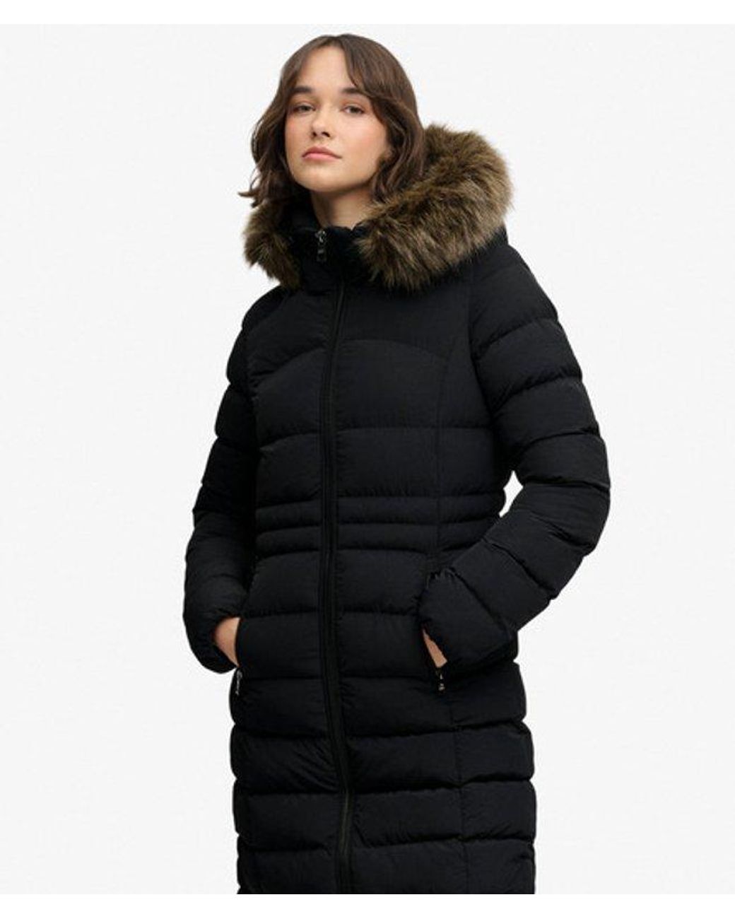 Superdry Black & Co Hooded Faux Fur Fuji Long Jacket