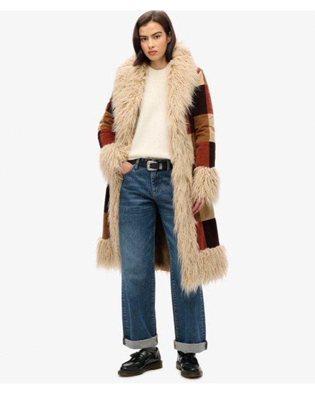 Superdry Brown & Co Patchwork Long Afghan Coat