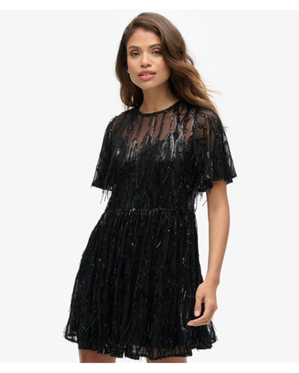 Superdry Black & Co Volume Tiered Mesh Mini Dress