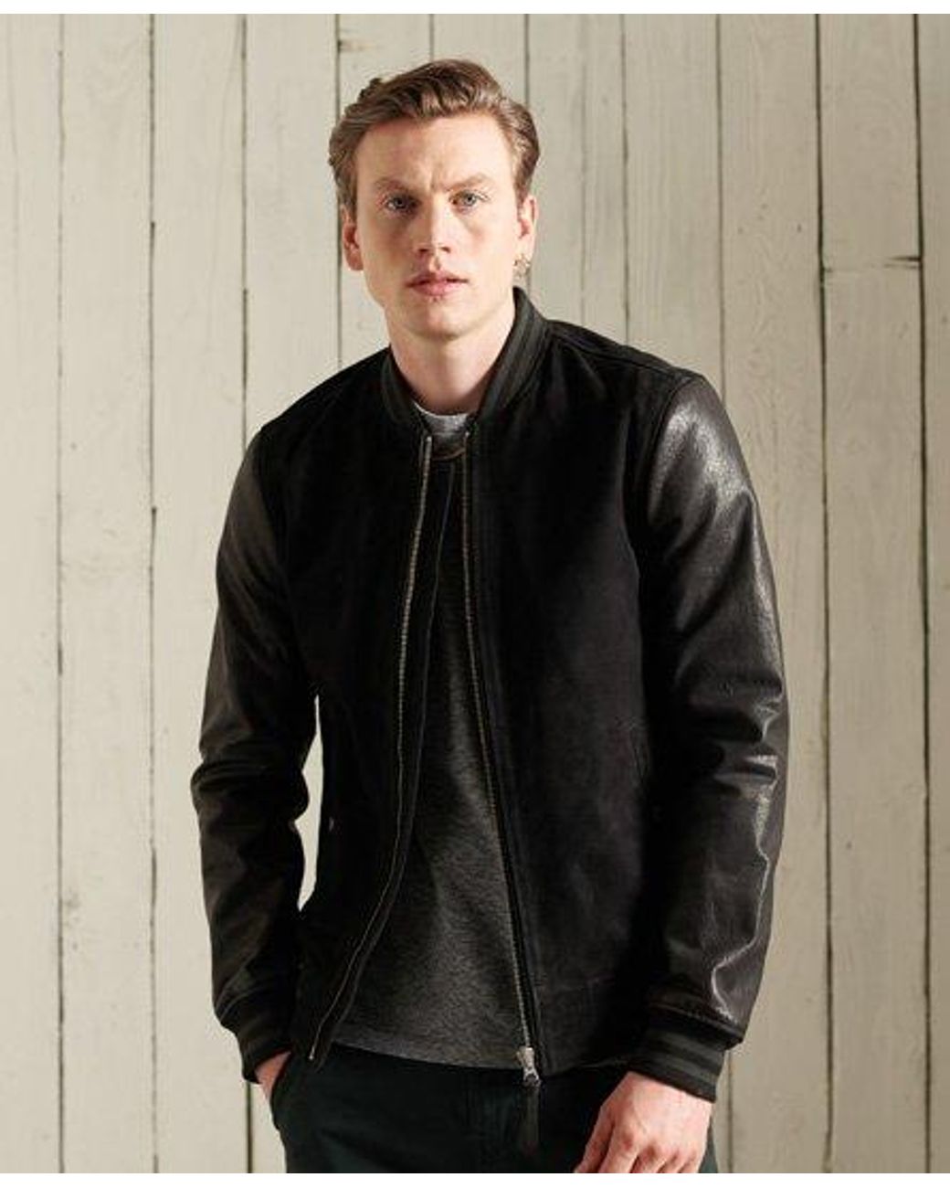 Superdry Varsity Leather Jacket in Black for Men | Lyst
