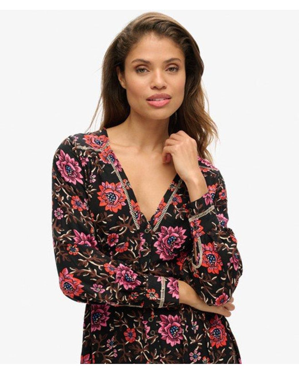 Superdry Black Floral Printed V-neck Mini Tea Dress