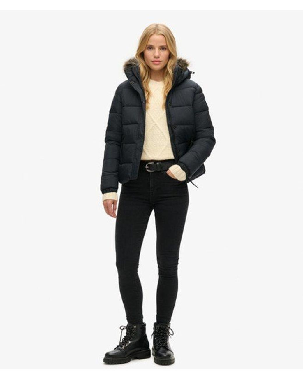 Superdry Black & Co Faux Fur Short Hooded Puffer Jacket