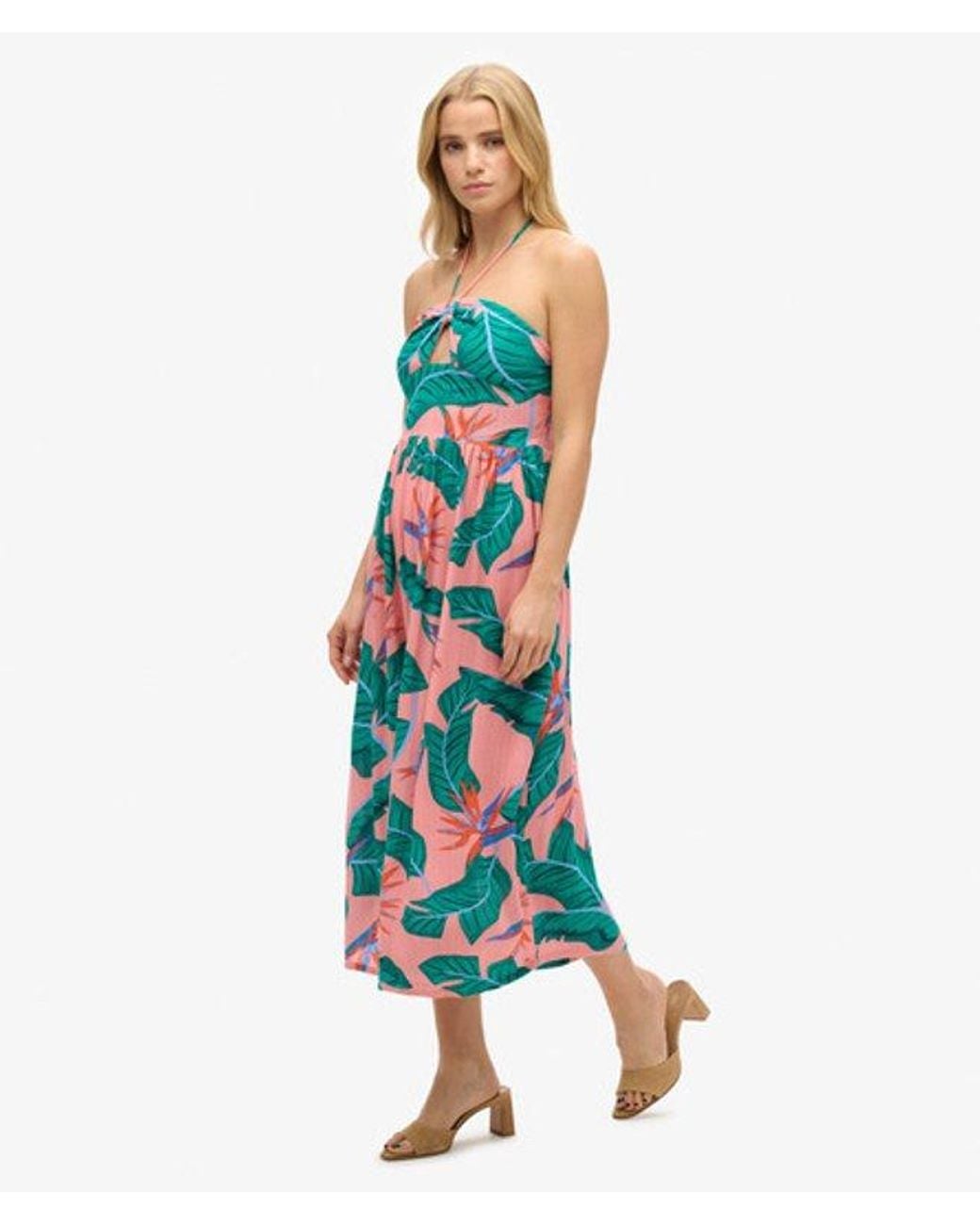 Superdry Blue Tropical Print Cut Out Midi Dress