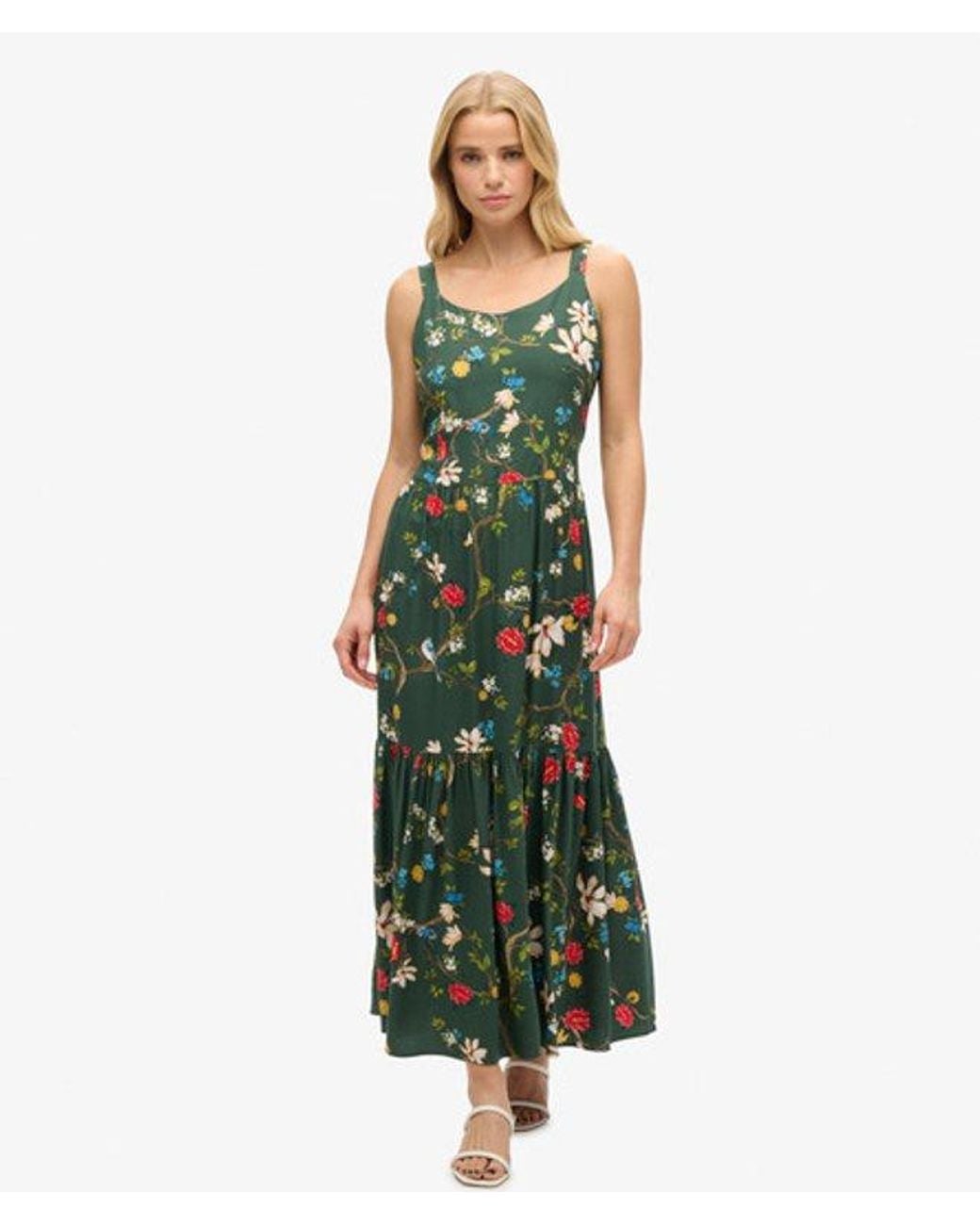 Superdry Green Floral Print Woven Tiered Maxi Dress