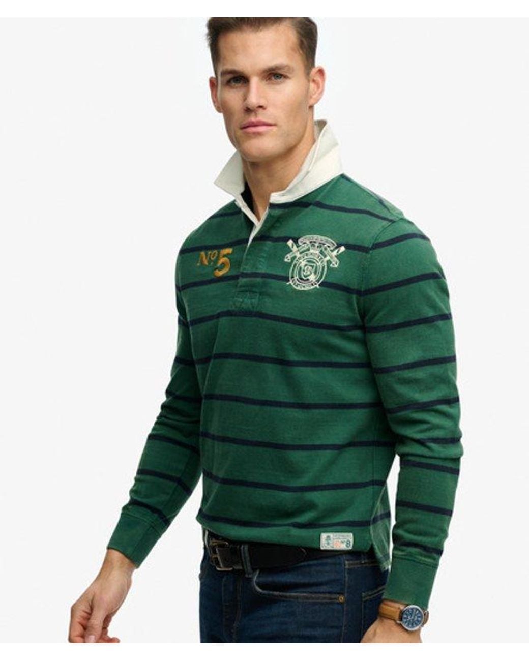 Superdry Green & Co Double Emblem Stripe Rugby Top for men
