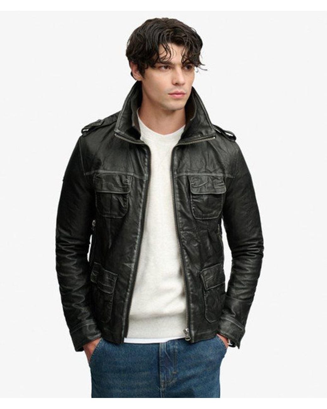 Superdry Black Brad Faux Leather Military Jacket for men