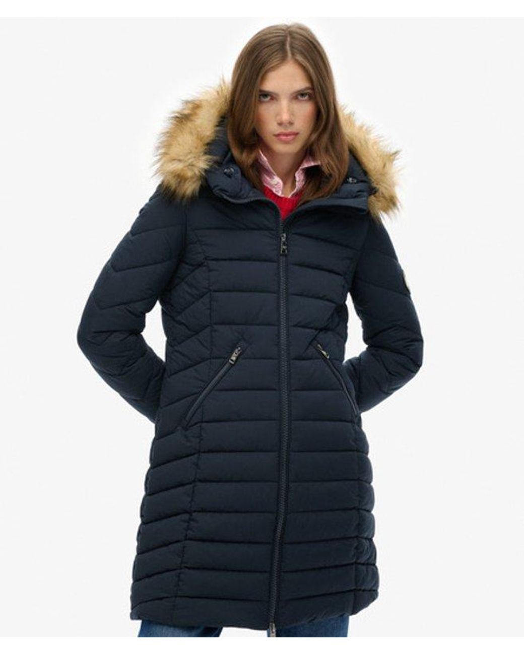 Superdry Blue & Co Fuji Faux Fur Hooded Mid Length Coat