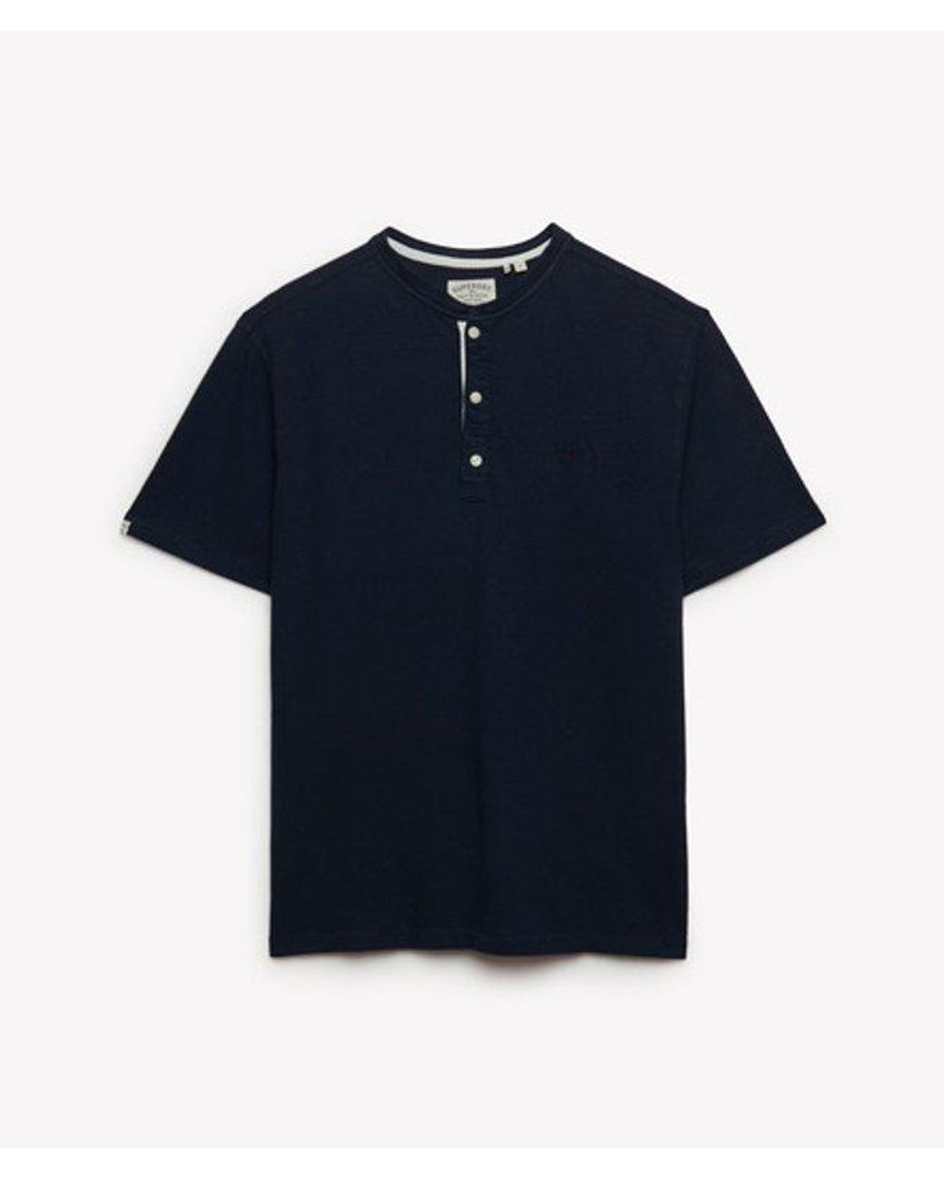 Superdry Blue Classic Cotton Linen Short Sleeve Henley T-Shirt for men