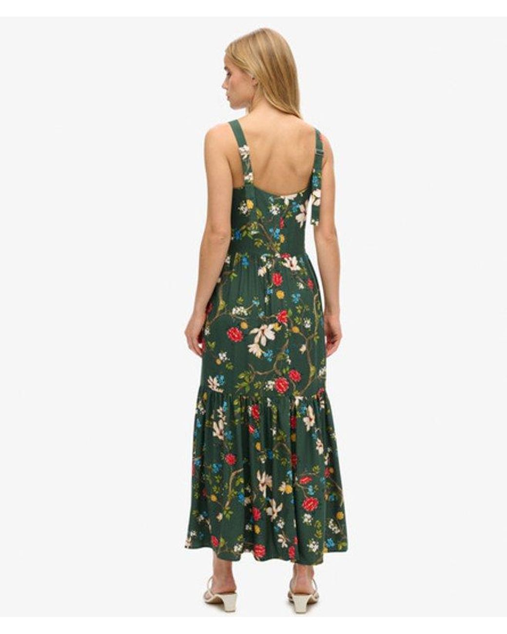 Superdry Green Floral Print Woven Tiered Maxi Dress