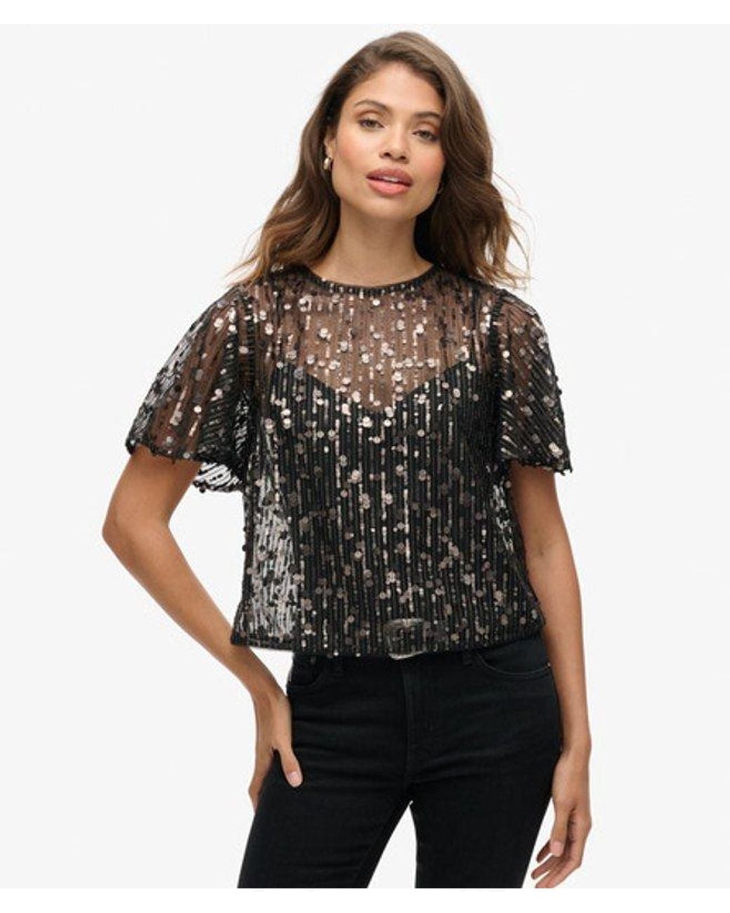 Superdry Black & Co Sequin Sheer Short Sleeve Top