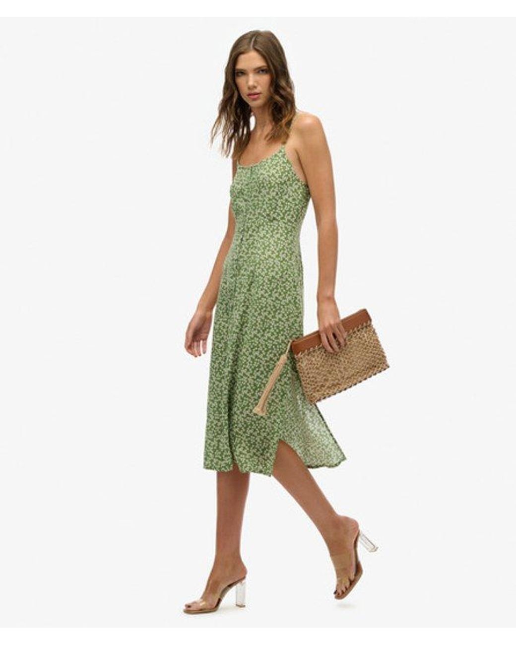 Superdry Green Printed Button-up Cami Midi Dress