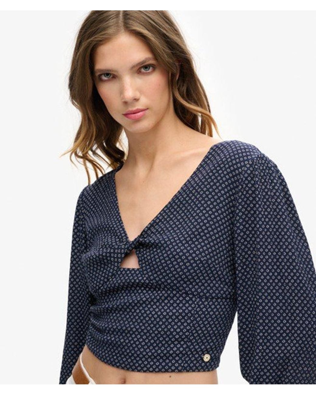 Superdry Blue & Co Long Sleeve Woven Crop Top