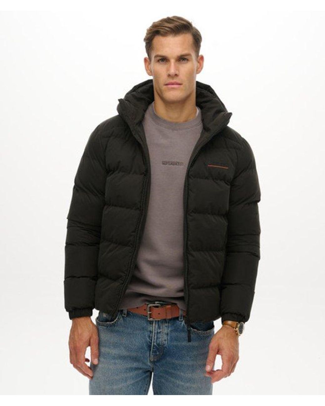Superdry Black Hooded Microfibre Sport Puffer Jacket for men
