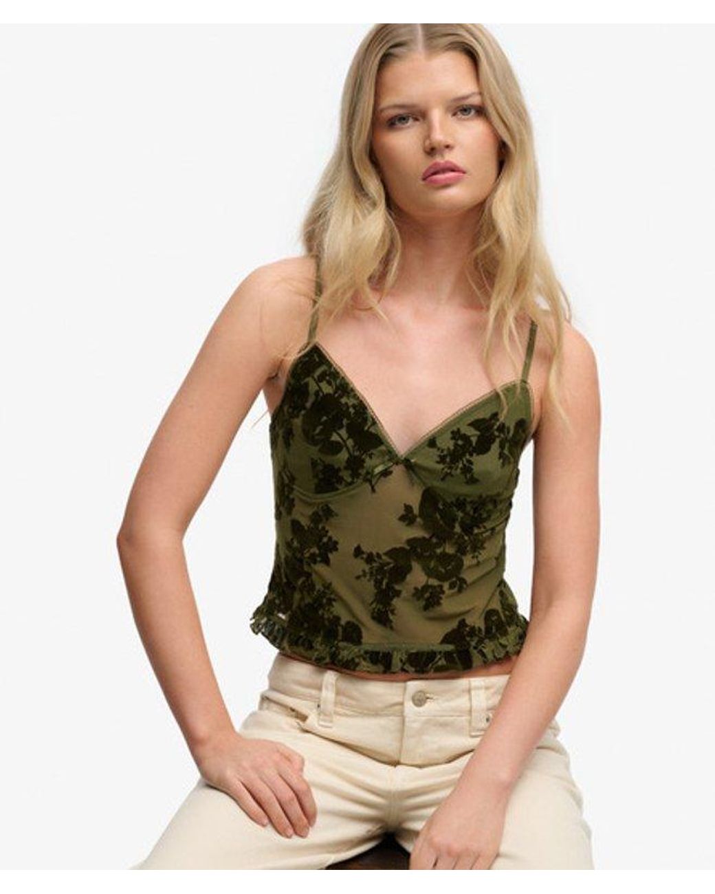 Superdry Green & Co Flocked Mesh Cami Top