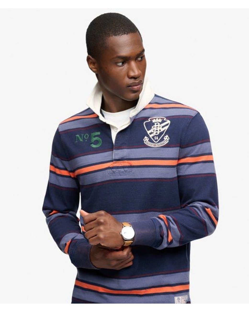 Superdry Blue & Co Double Emblem Stripe Rugby Top for men