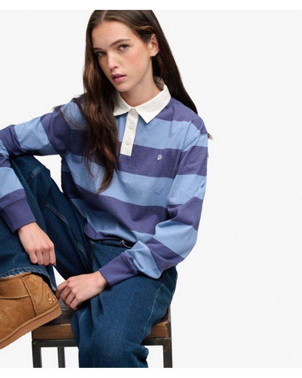 Superdry Blue & Co Athletic Essential Cropped Stripe Rugby Top