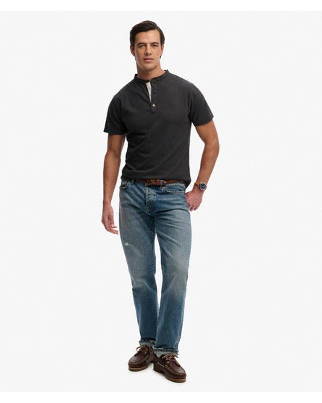 Superdry Black & Co Classic Cotton Linen Short Sleeve Henley T-shirt for men