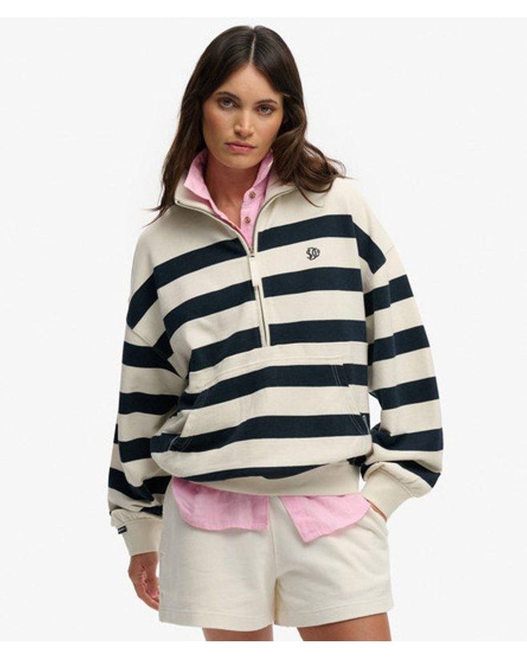 Superdry Studios Stripe Half Zip Sweatshirt in het White