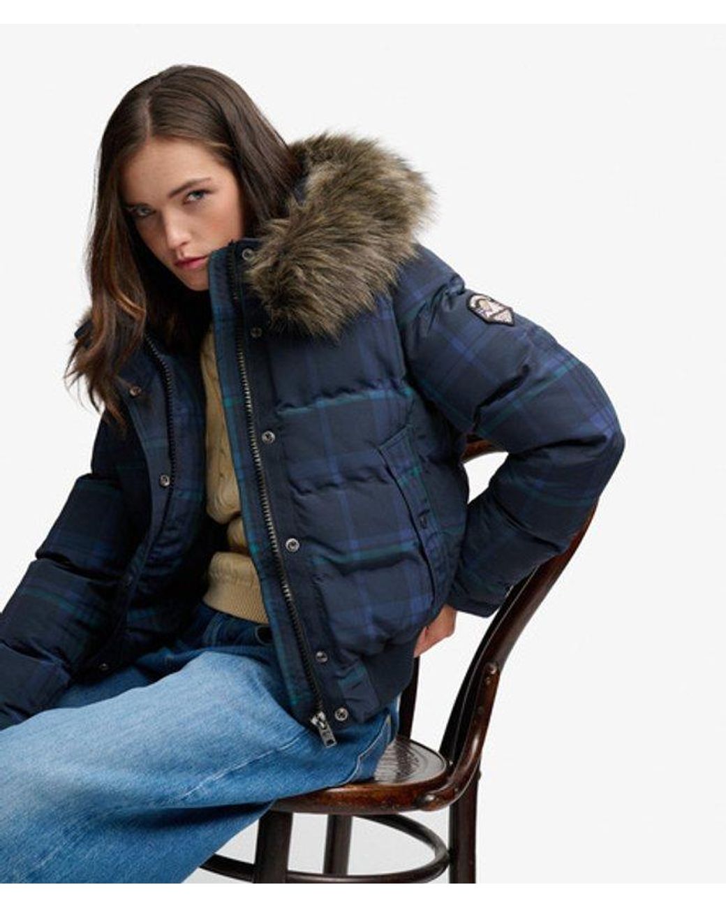 Superdry Blue & Co Everest Check Hooded Bomber Jacket