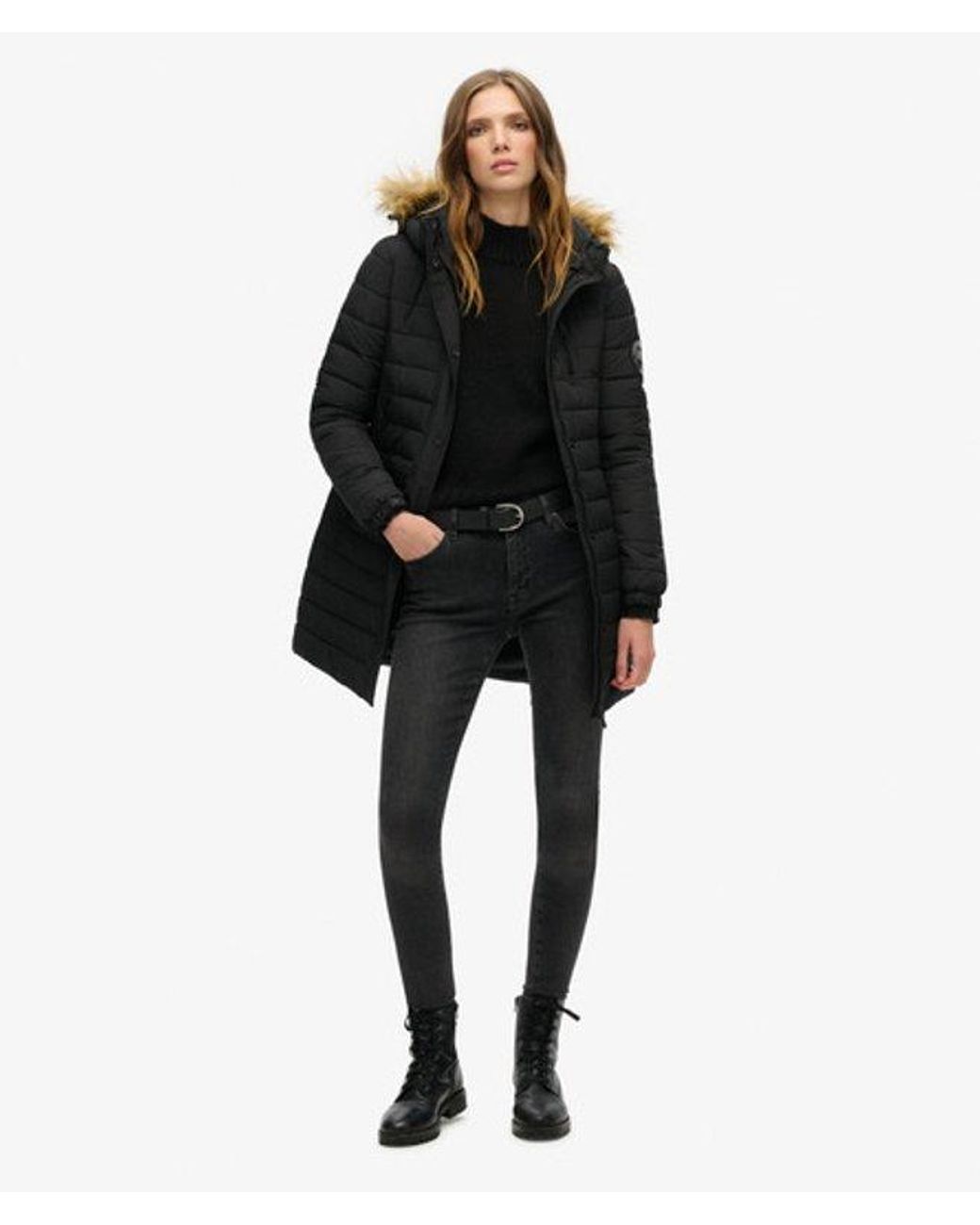 Superdry Black & Co Slim Fit Quilted Fuji Hooded Mid Length Puffer Coat
