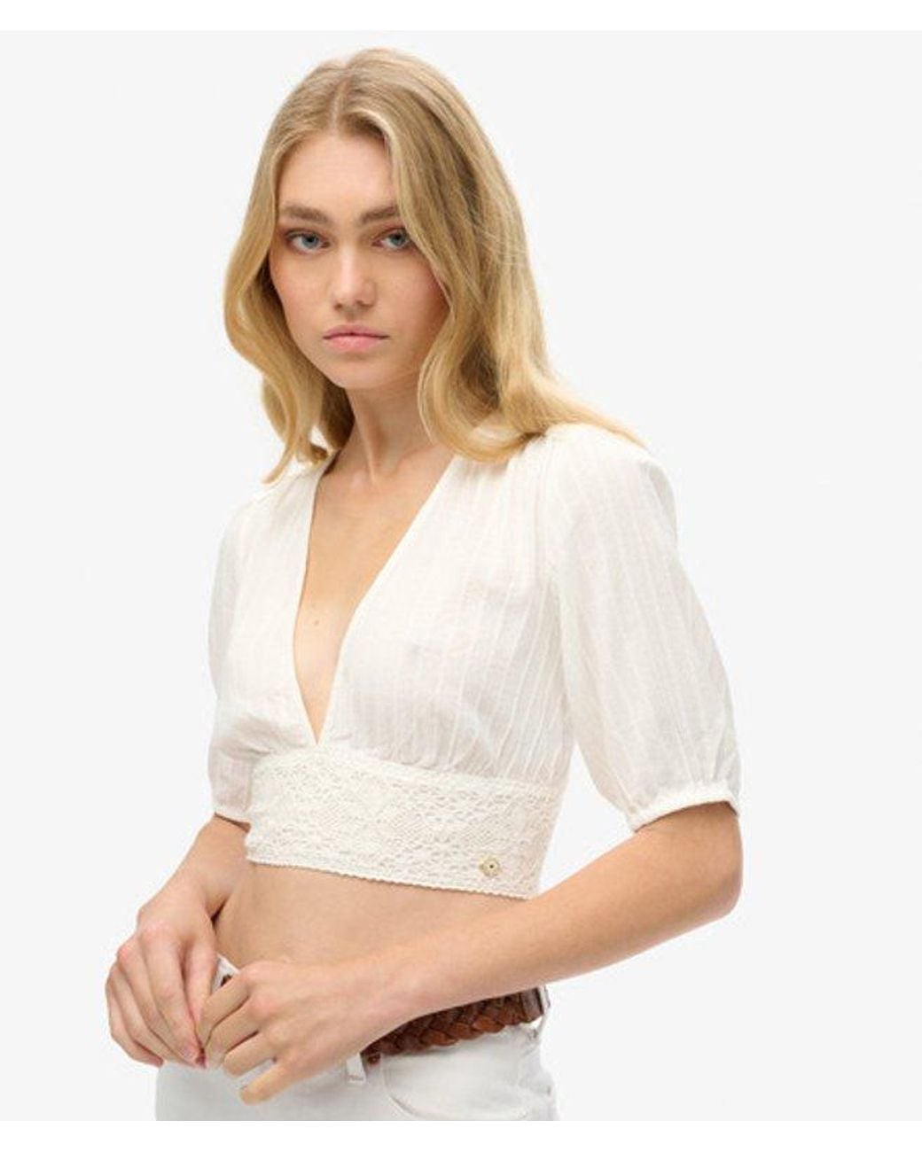 Superdry White & Co Ibiza Short Sleeve Lace Trim Top