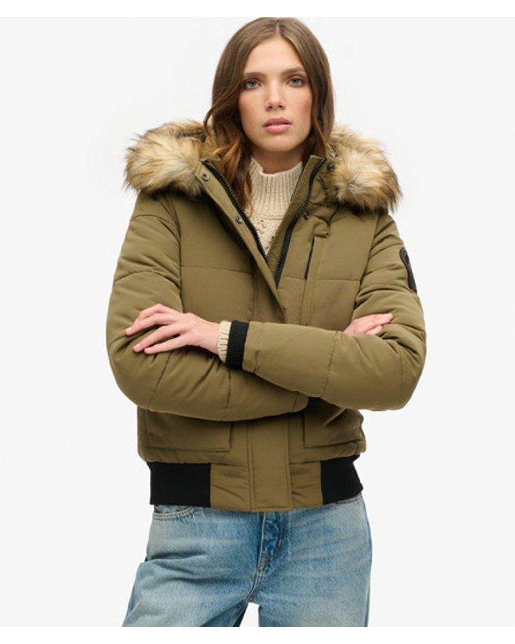 Superdry Green & Co Everest Fully Lined Embroidered Badge Hooded Puffer Bomber Jacket
