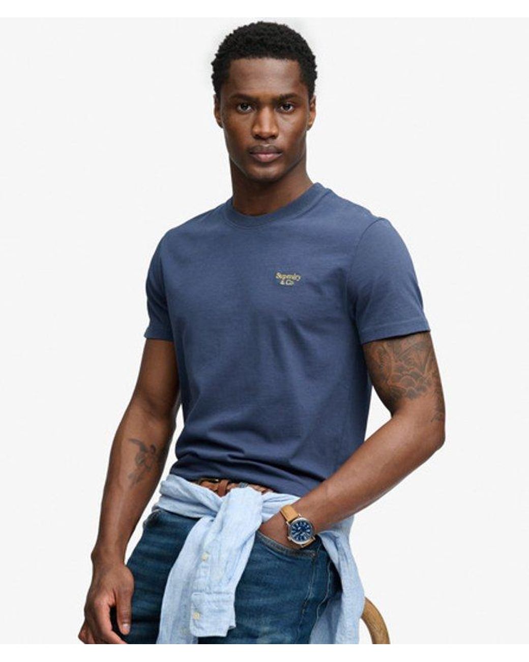 Superdry Blue & Co Essential Serif Logo Embroidered T-shirt for men