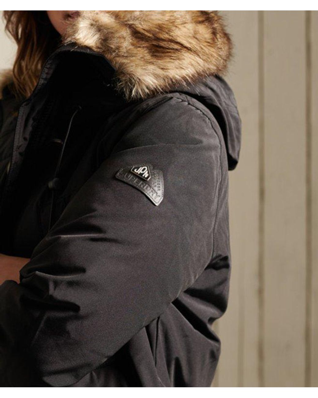 Superdry Black Hooded Faux Fur Down Parka Coat