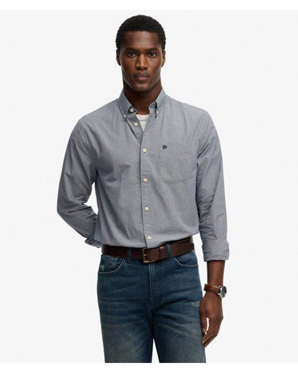 Superdry Gray Preppy Poplin Long Sleeve Shirt for men