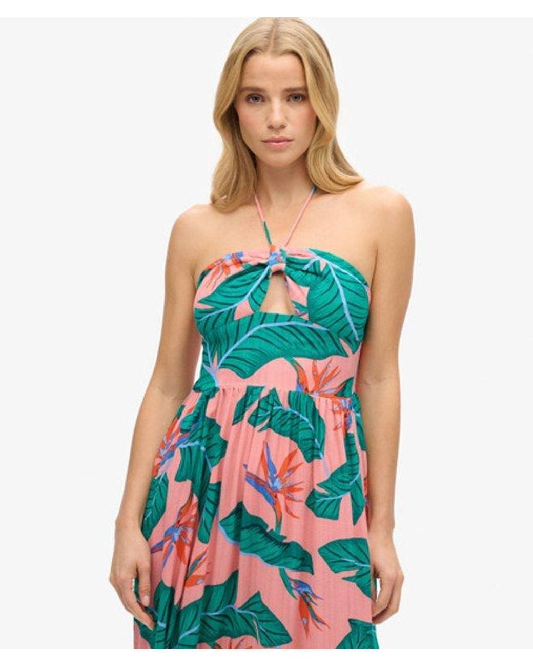 Superdry Blue Tropical Print Cut Out Midi Dress