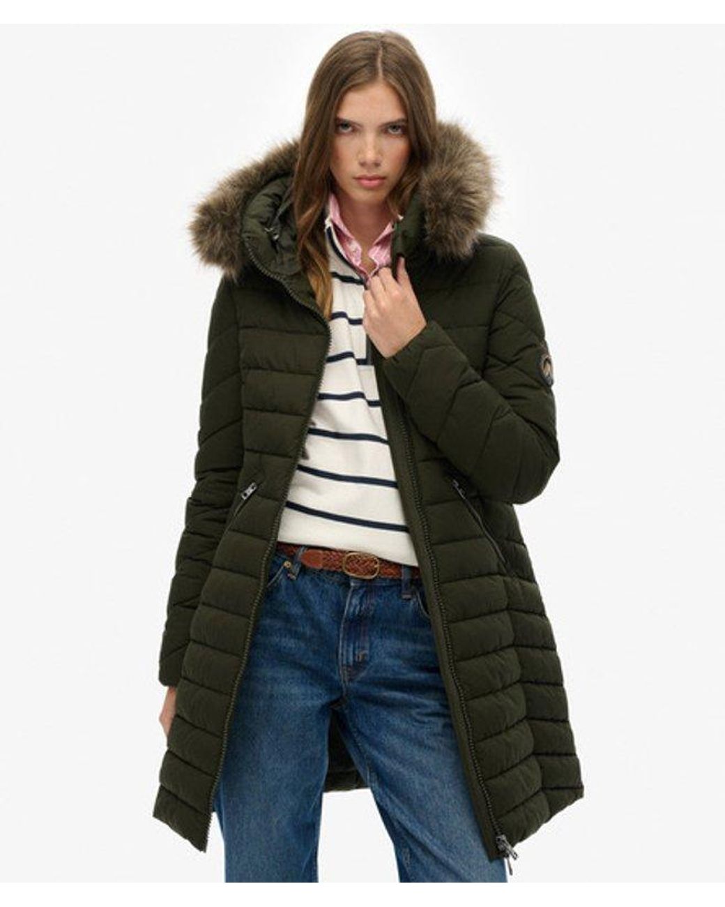 Superdry Blue & Co Fuji Faux Fur Hooded Mid Length Coat