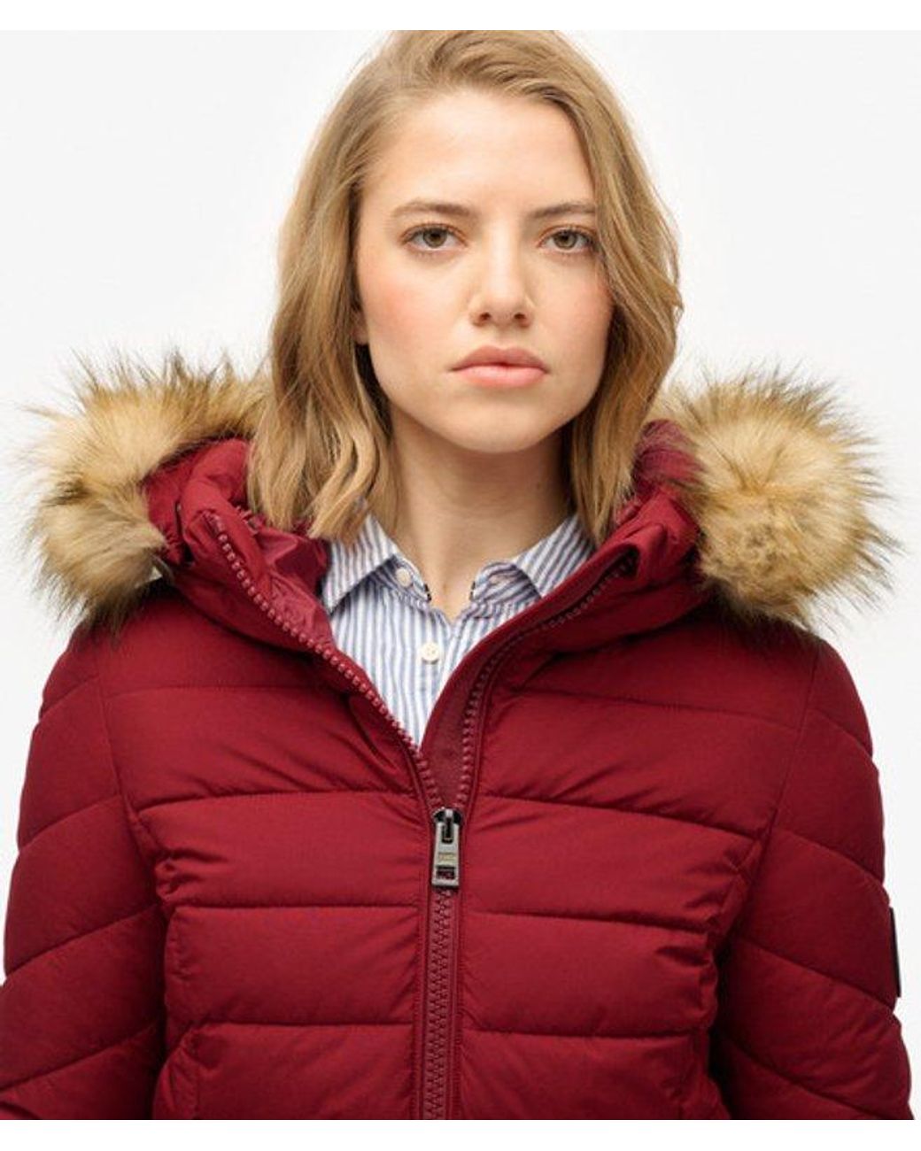 Superdry Red & Co Fuji Faux Fur Hooded Mid Length Coat