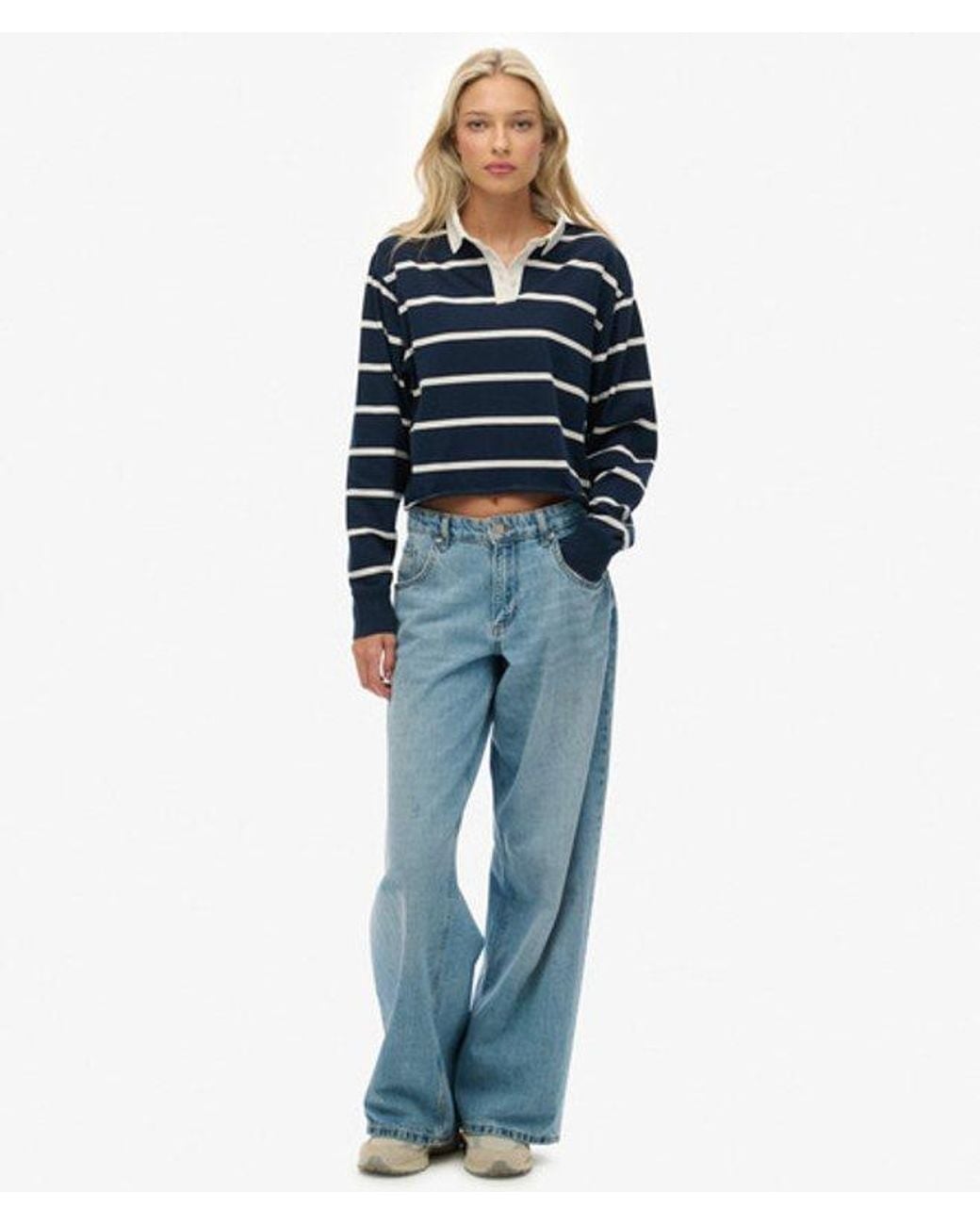 Superdry Blue & Co Athletic Essentials Cropped Stripe Rugby Top