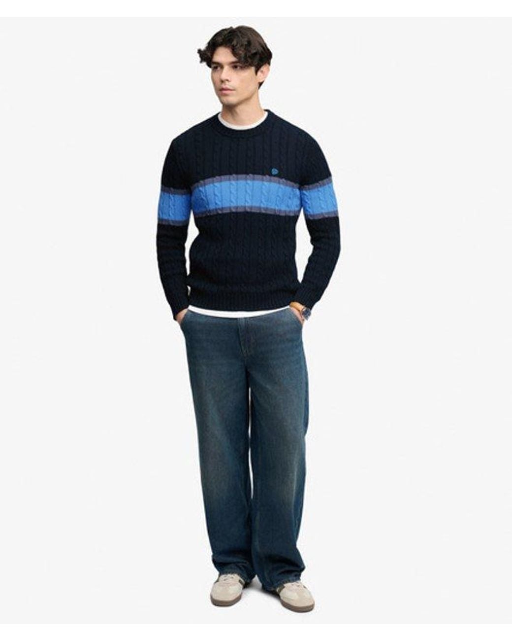 Superdry Blue Cotton Stripe Cable Jumper for men