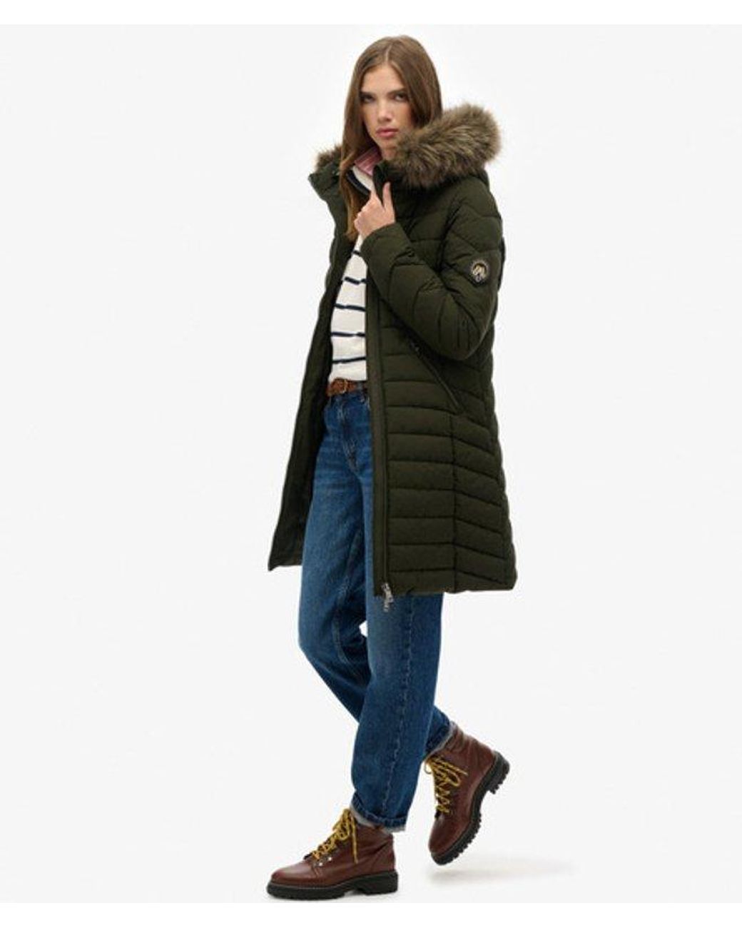 Superdry Blue & Co Fuji Faux Fur Hooded Mid Length Coat
