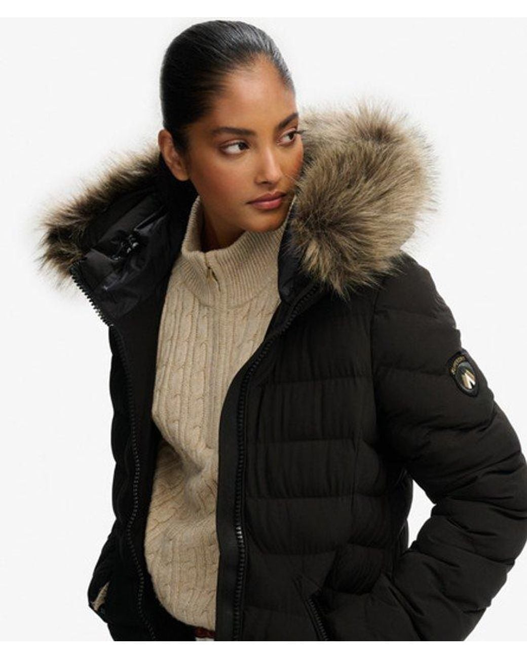 Superdry Black Fuji Faux Fur Hooded Longline