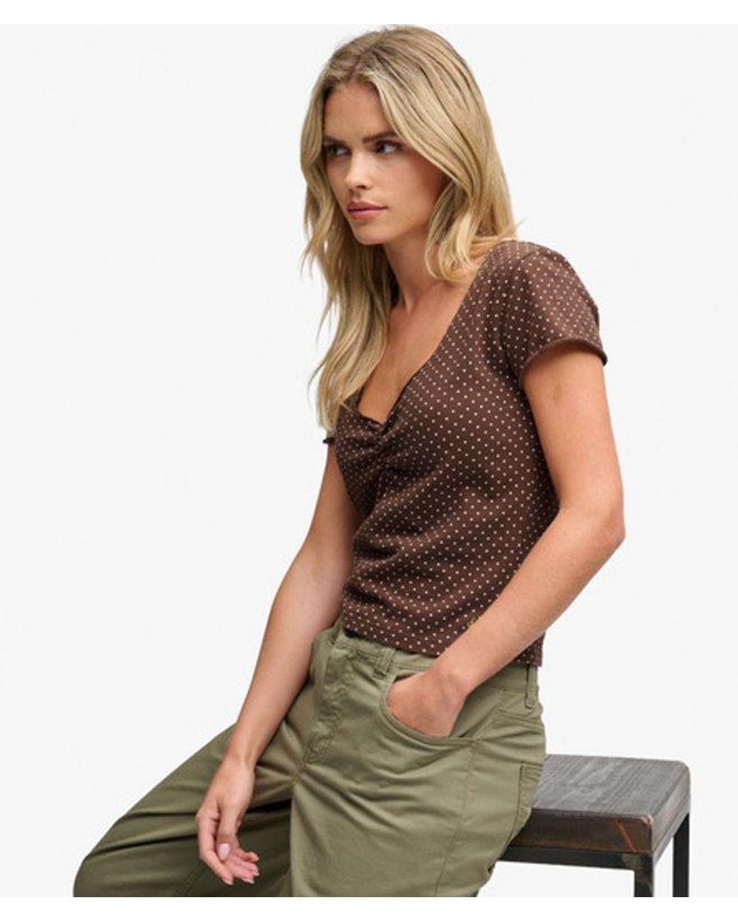 Superdry Brown & Co Athletic Essentials Gathered Pattern Top