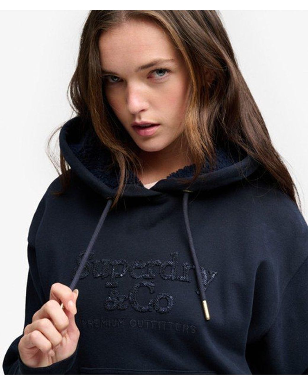 Superdry Blue Company Logo Embroidered Sequin Hoodie