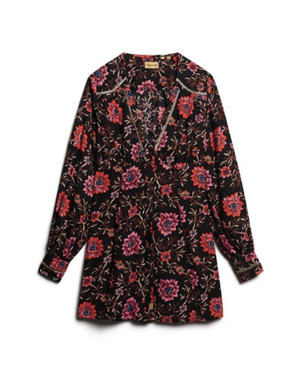 Superdry Black Floral Printed V-neck Mini Tea Dress