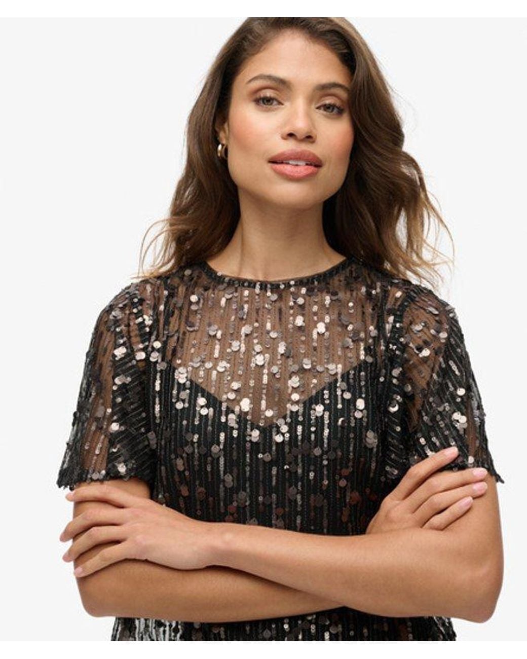Superdry Black & Co Sequin Sheer Short Sleeve Top