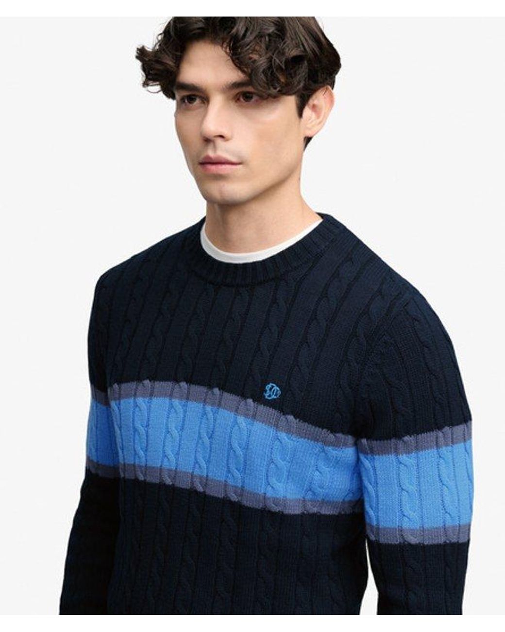 Superdry Blue Cotton Stripe Cable Jumper for men