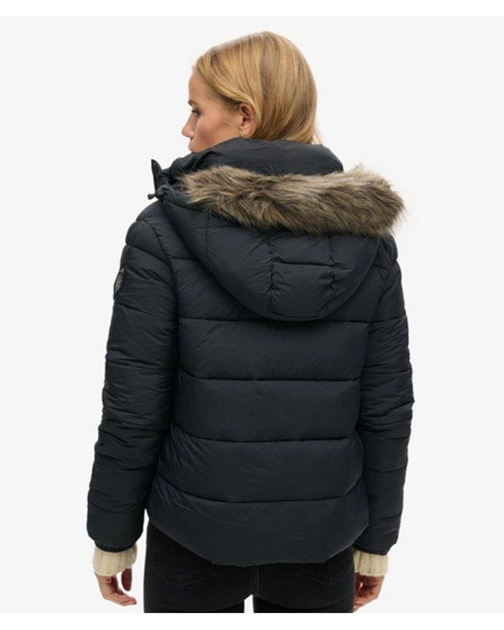 Superdry Black & Co Faux Fur Short Hooded Puffer Jacket