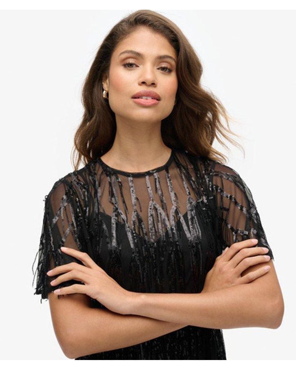 Superdry Black & Co Volume Tiered Mesh Mini Dress