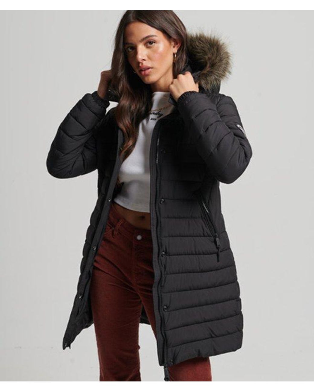 Superdry Faux Fur Hooded Mid Length Puffer Jacket Black