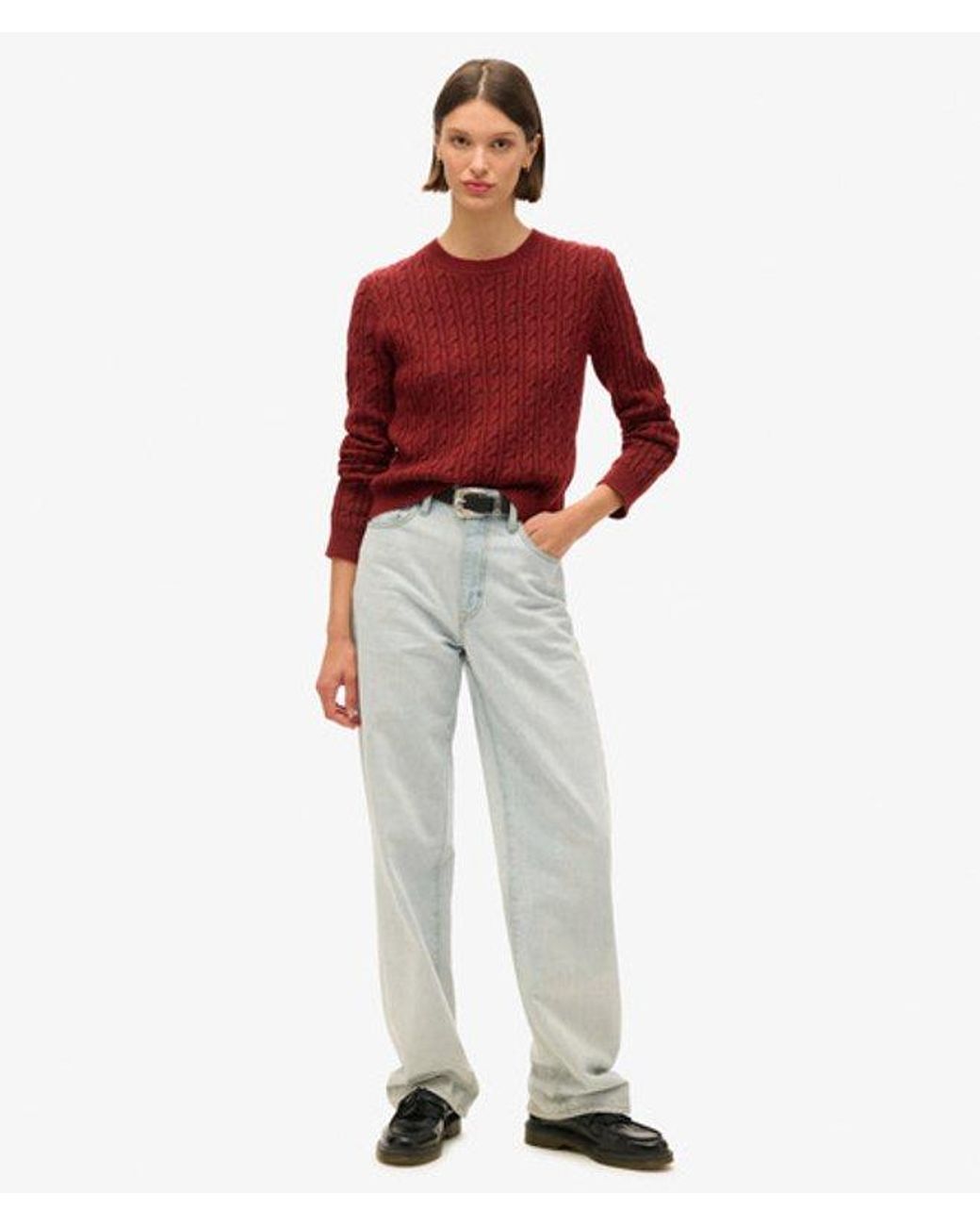 Superdry Red Fitted Cable Crew Neck Jumper