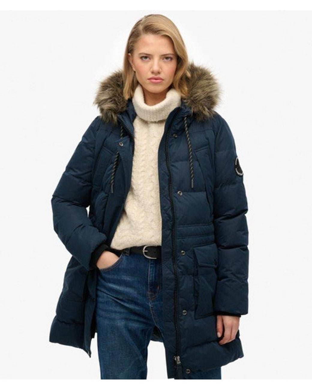 Superdry Blue & Co Everest Microfibre Mid Faux Fur Puffer Jacket