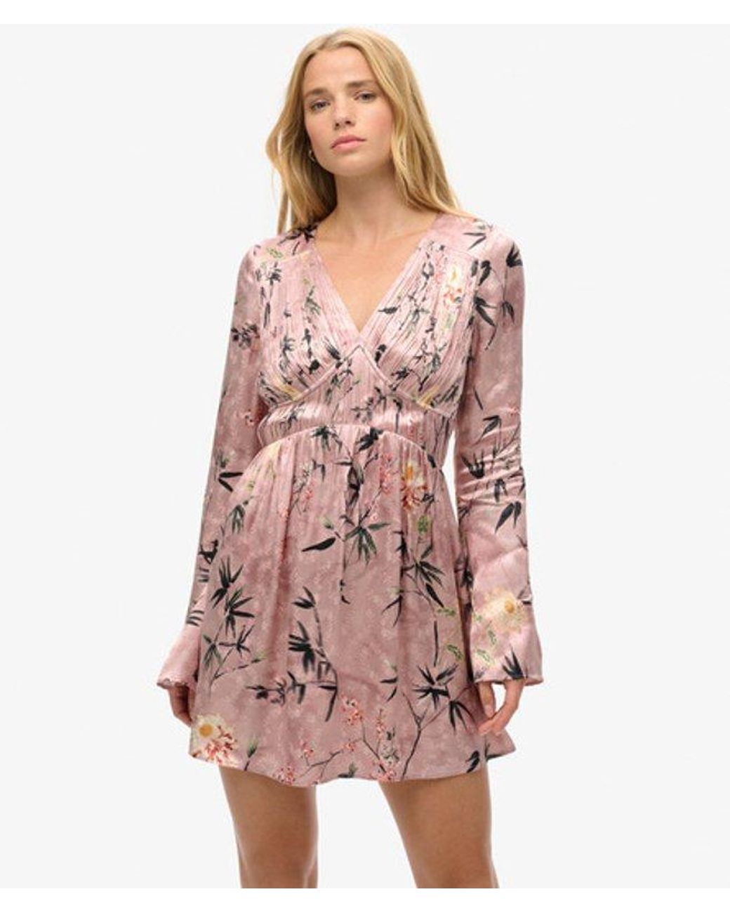 Superdry Pink & Co Floral Print Flare Sleeve Jacquard Mini Dress
