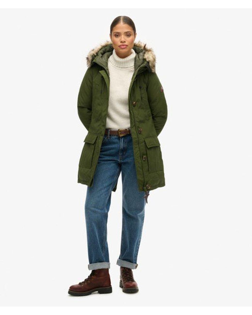 Superdry Green & Co Hooded Faux Fur Down Parka Coat