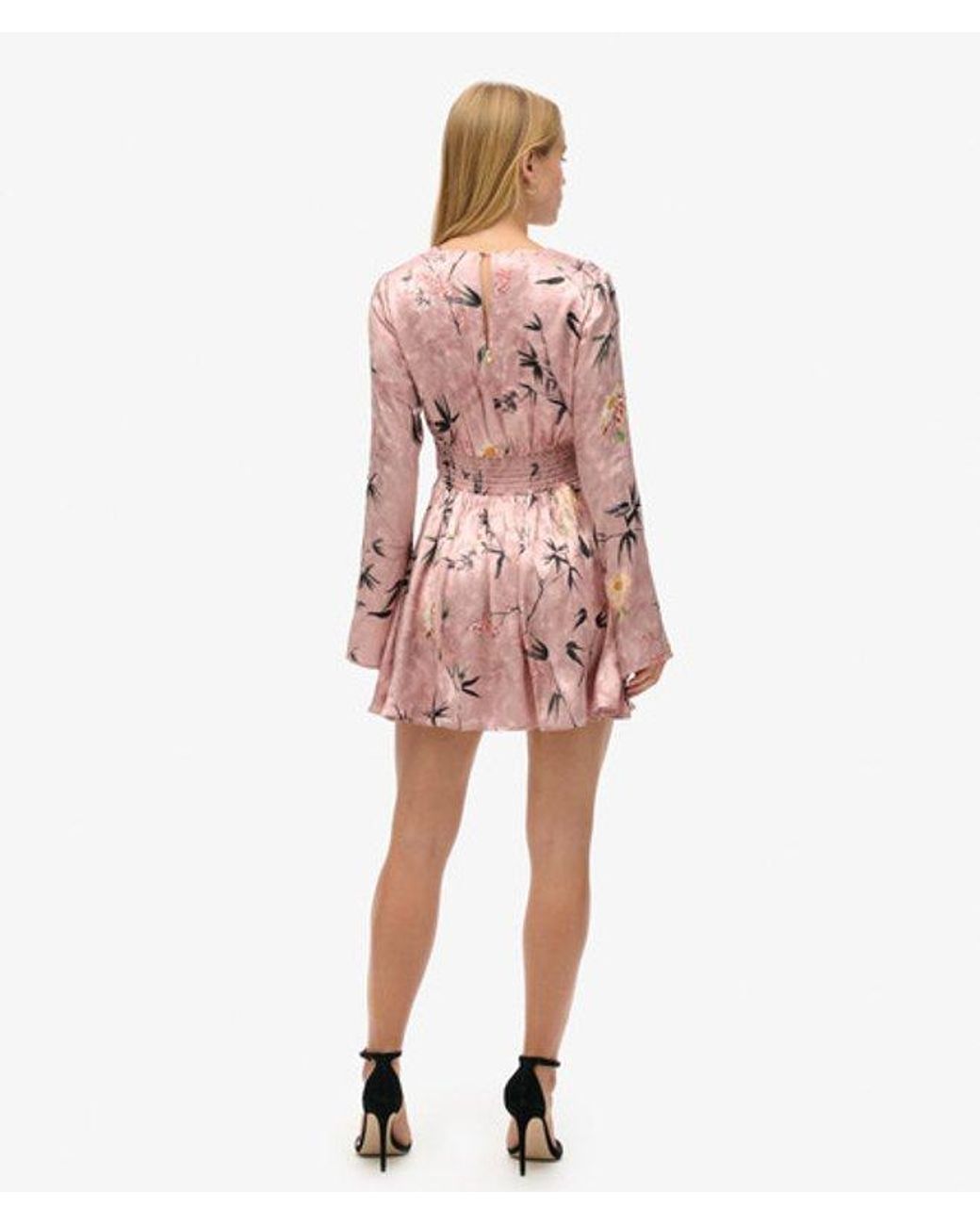 Superdry Pink & Co Floral Print Flare Sleeve Jacquard Mini Dress