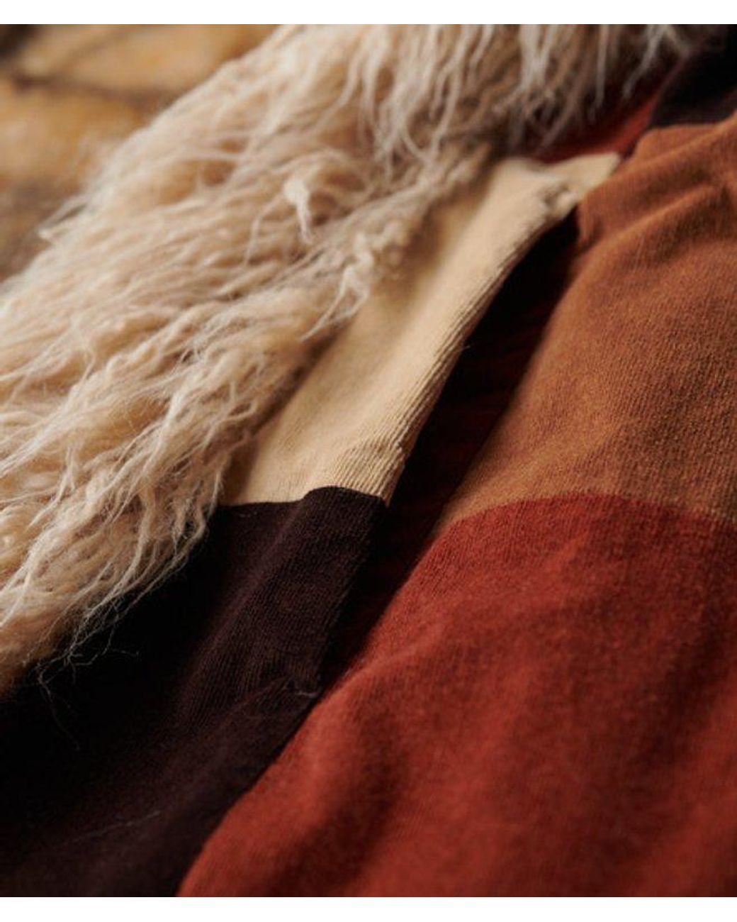 Superdry Brown Patchwork Long Afghan Coat